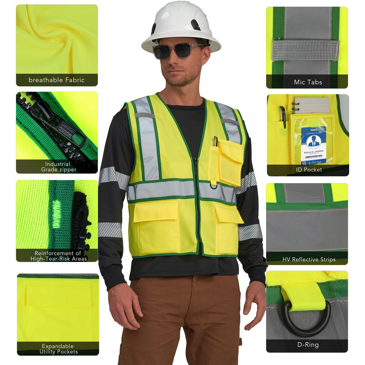 AYKRM High Visibility Safety Vest - Reflective Work Vest with 5 Reinforced Pockets 6-8XL Green