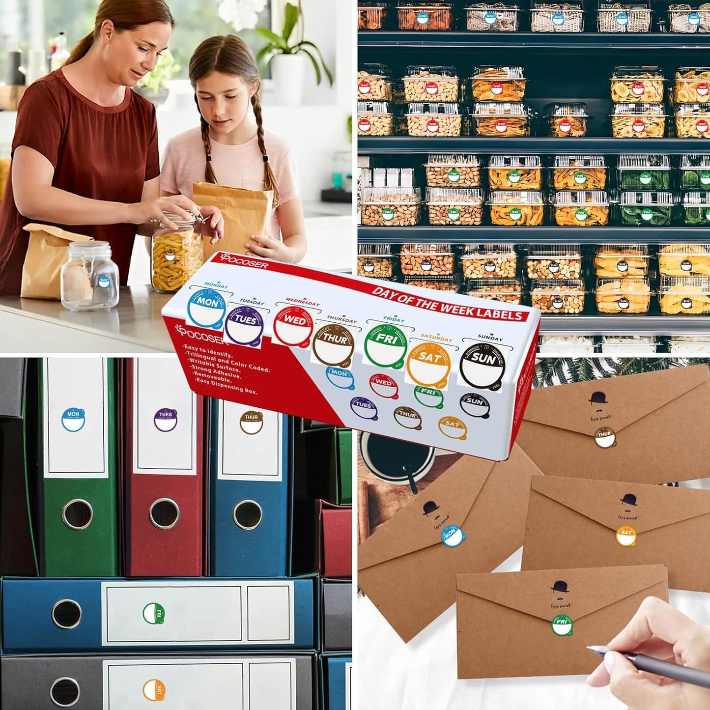 Label Stickers for Food Containers with Dispenser Box, Removable Day Dot Food Labels Peel Tab 7 Day of The Week for Home Freezer Restaurant Supplies Week Monthly Planners Meal Prep Accessory