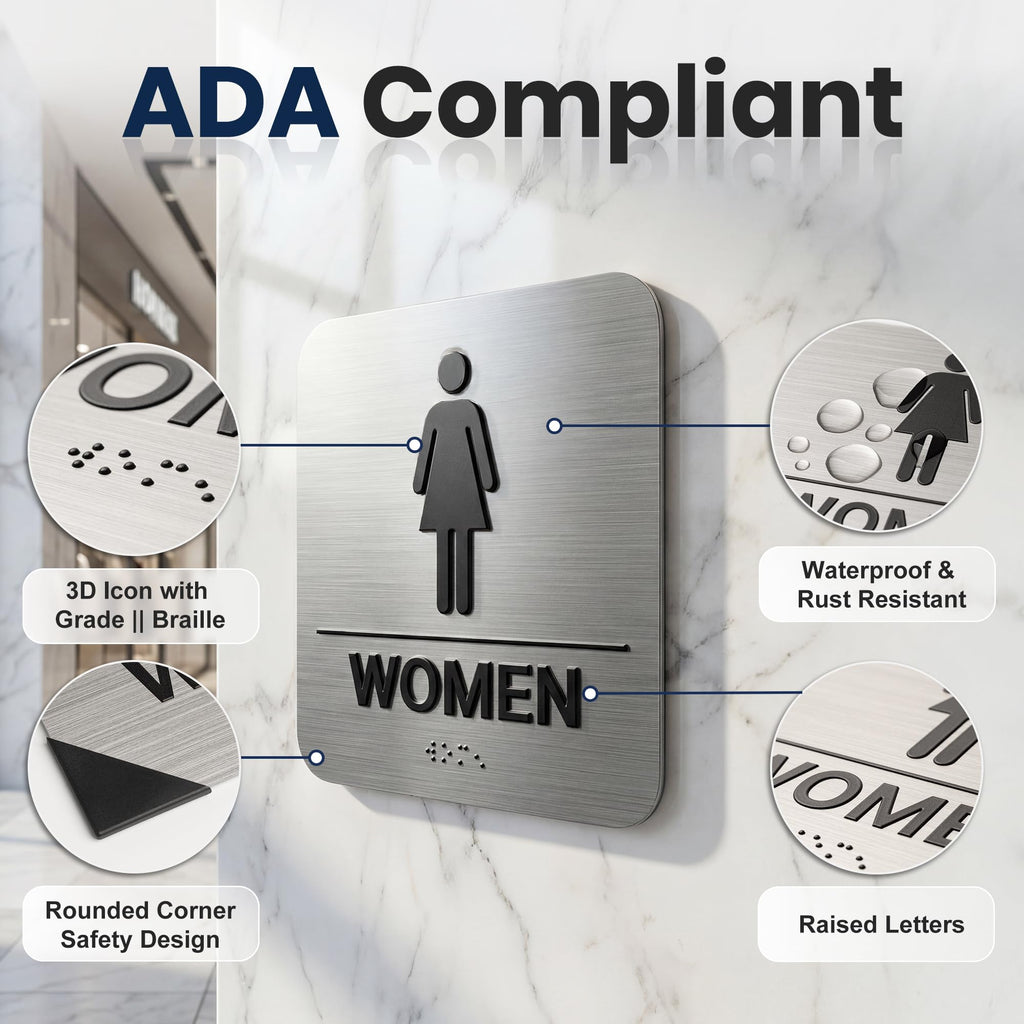 Restroom Sign, ADA Compliant Braille Bathroom Sign, Self-Adhesive Restroom Signs for Business, Men Women Bathroom Signs Ideal for Offices, Hotels, Restaurants, Retail and Residential Spaces, Brushed Aluminum
