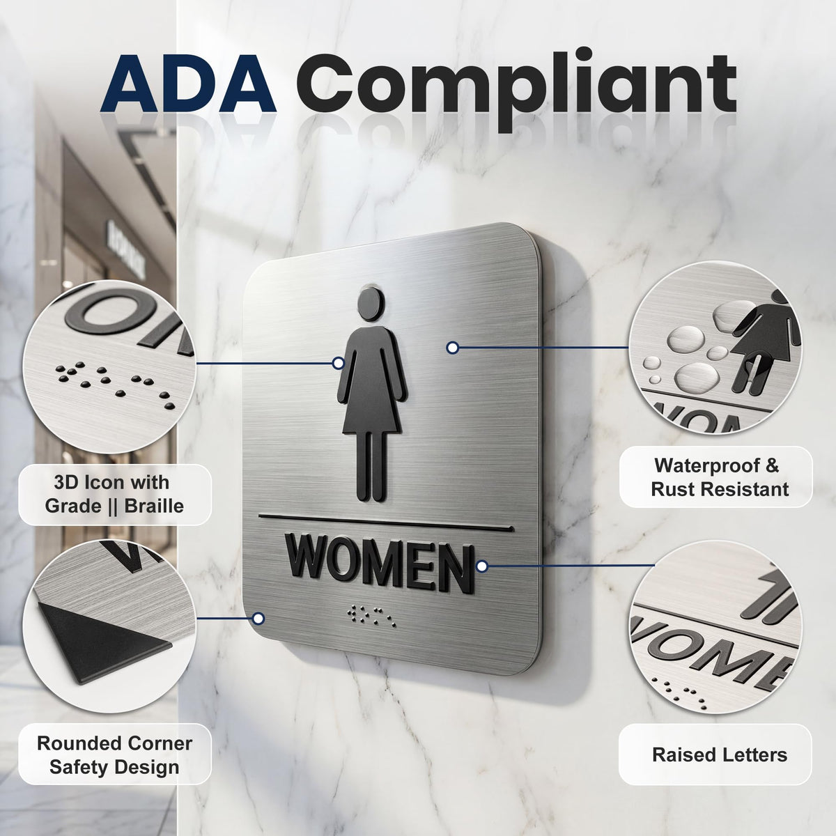 Restroom Sign, ADA Compliant Braille Bathroom Sign, Self-Adhesive Restroom Signs for Business, Men Women Bathroom Signs Ideal for Offices, Hotels, Restaurants, Retail and Residential Spaces, Brushed Aluminum