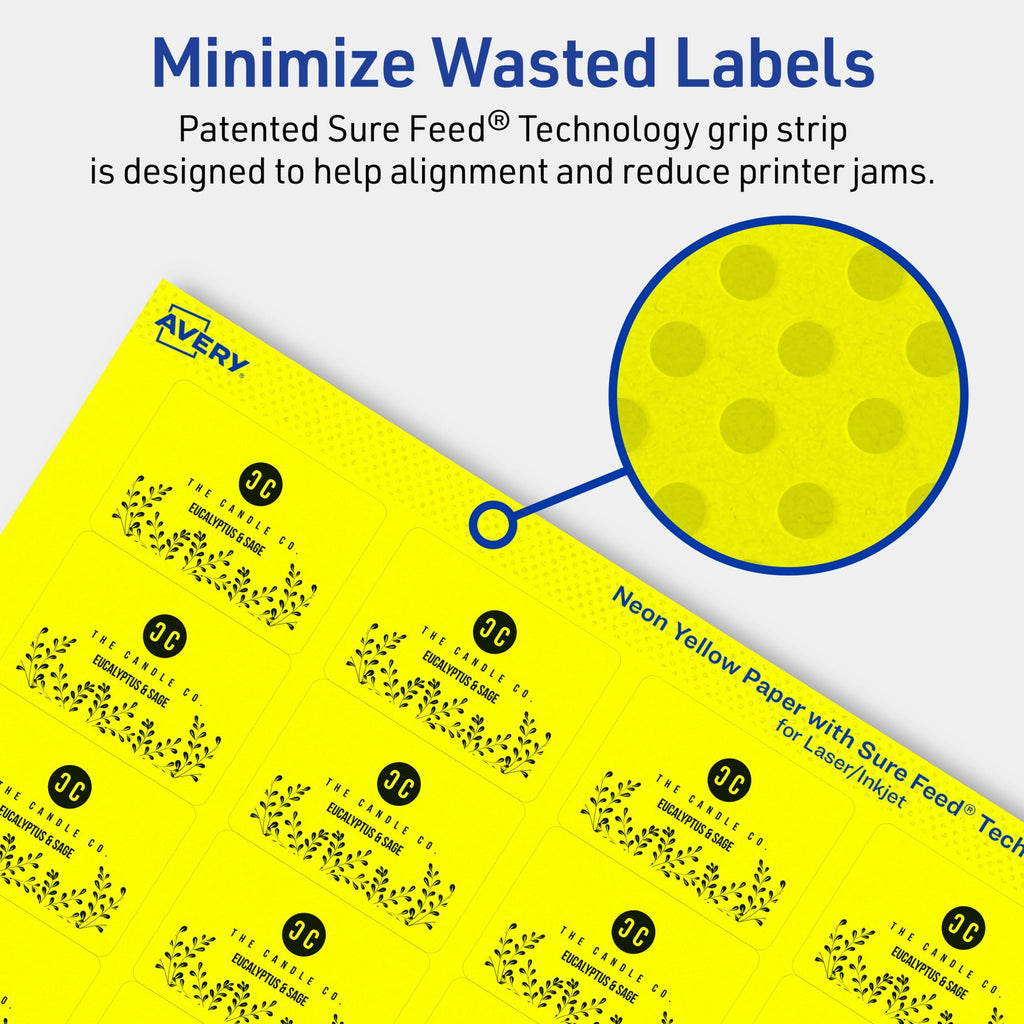 Avery® Printable Rectangle Labels, Sure Feed® Technology, 1-1/4" x 1-3/4", Neon Yellow Labels, Laser/Inkjet Printable, 640 Total, Great for Jars and More 640 labels