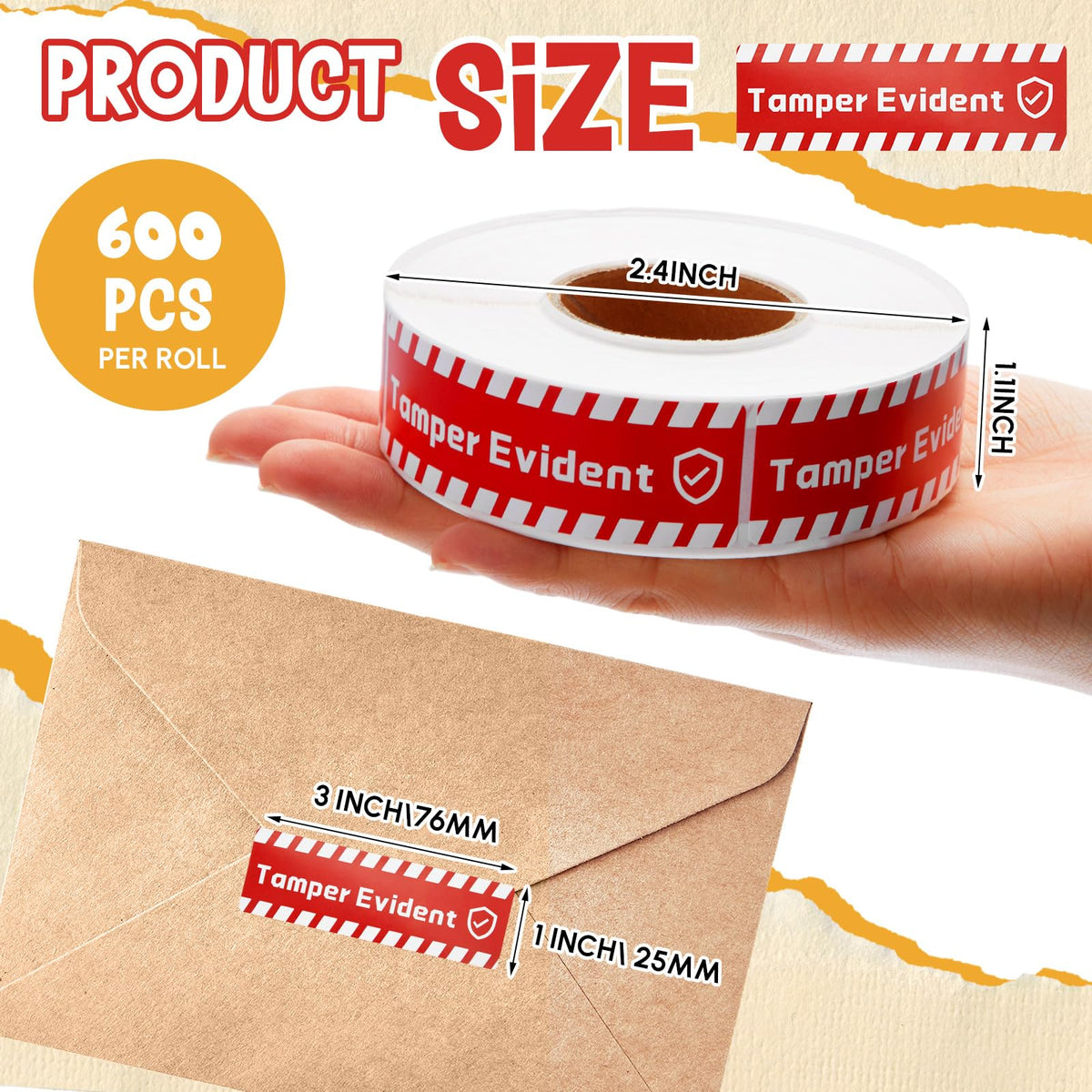 1 roll Tamper Evident Stickers for Food Delivery, 1 x 3, Strong Adhesive for Tamper Detection and Package Protection, Drink Lids Pizza Boxes Container Envelopes, Documents