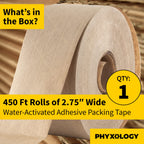 Ultra Durable Water-Activated Tape for Secure Packing. 2.75 in, 450 Ft Brown Kraft Gum Tape Provides Heavy Duty Adhesive for Packaging and Shipping. Fiberglass Reinforced for Extra Strong Bond. 1