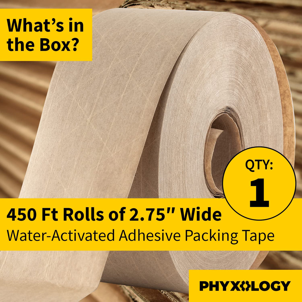 Ultra Durable Water-Activated Tape for Secure Packing. 2.75 in, 450 Ft Brown Kraft Gum Tape Provides Heavy Duty Adhesive for Packaging and Shipping. Fiberglass Reinforced for Extra Strong Bond. 1