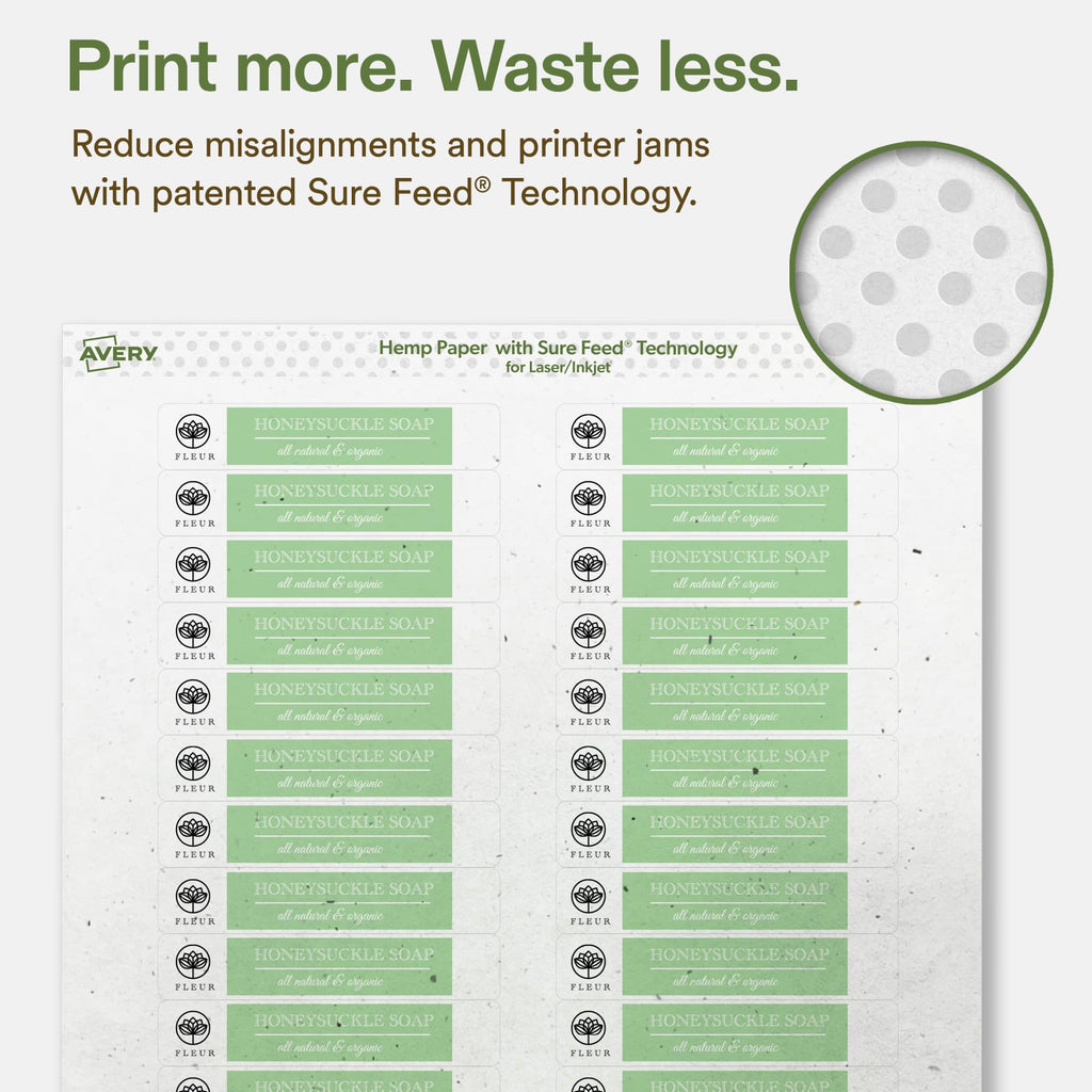 Avery Printable Rectangle Hemp Labels with Sure Feed Technology, 2/3" x 3-7/16", Off-White, Laser & Inkjet Compatible, 1200 Total, Great for Product Branding, Packaging, and More 1,200 Labels