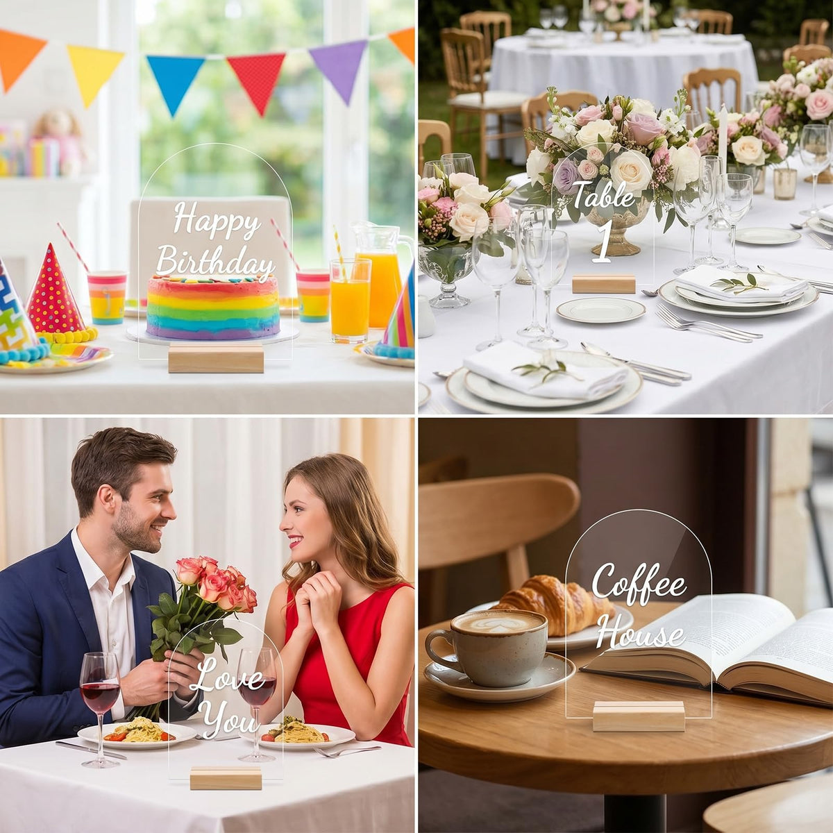 15 Pack Acrylic Sign with Wooden Stands, Arch Table Numbers 3.7x6 Inch Clear Blank Arced Sheets for DIY Wedding Centerpiece Party Decor
