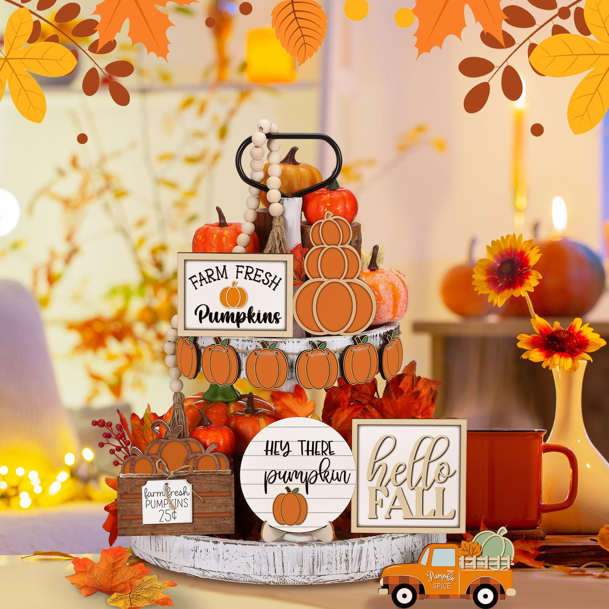 Maitys 14 Pcs Fall Tiered Tray Decoration Set Autumn Decor,Warm Style Warm Style