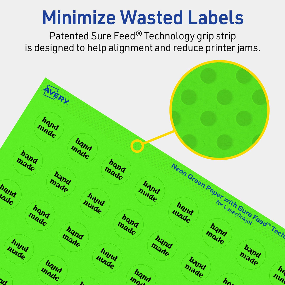 Avery Printable Round Labels, Sure Feed Technology, 3/4" Diameter, Neon Green Labels, Print-to-the-Edge, Laser/Inkjet, 1,600 Total, Great for Price Stickers and Mailing Seals 1,600 labels