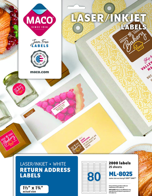 MACO Laser/Ink Jet White Return Address Labels, 1/2" x 1-3/4", 80 per Sheet, 2000 per Pack (ML-8025) 2000/Box 1/2 x 1-3/4 Inches - 2000/Box