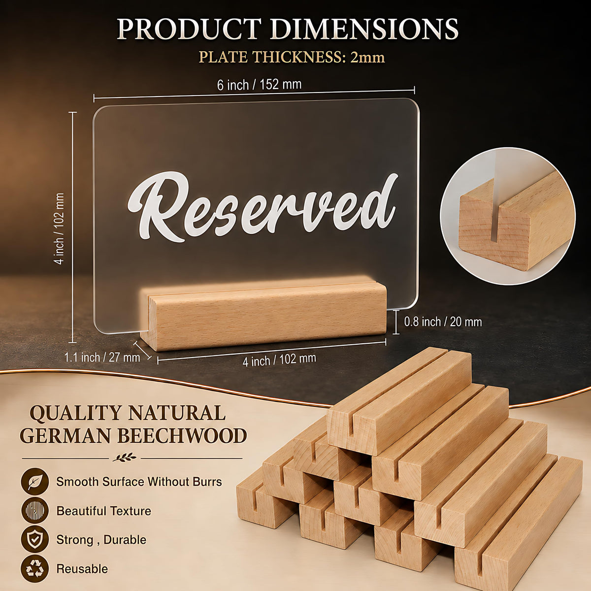 Acrylic Reserved Table Sign for Wedding with Beech Wood Base, 1 Set Frosted Reserved Table Sign (1 set)