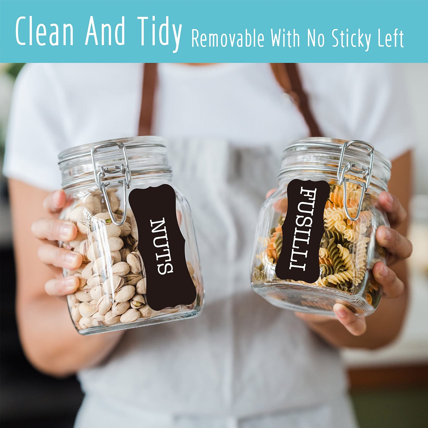 Hebayy 308 Pantry Food Labels, 280 Preprinted Flour Pasta Lentil Grain Condiment Oil Stickers, 28 Blank Ones, Waterproof Oil&Tear Resistant, No Residue for Kitchen Containers Jars(White on Black) Style 4