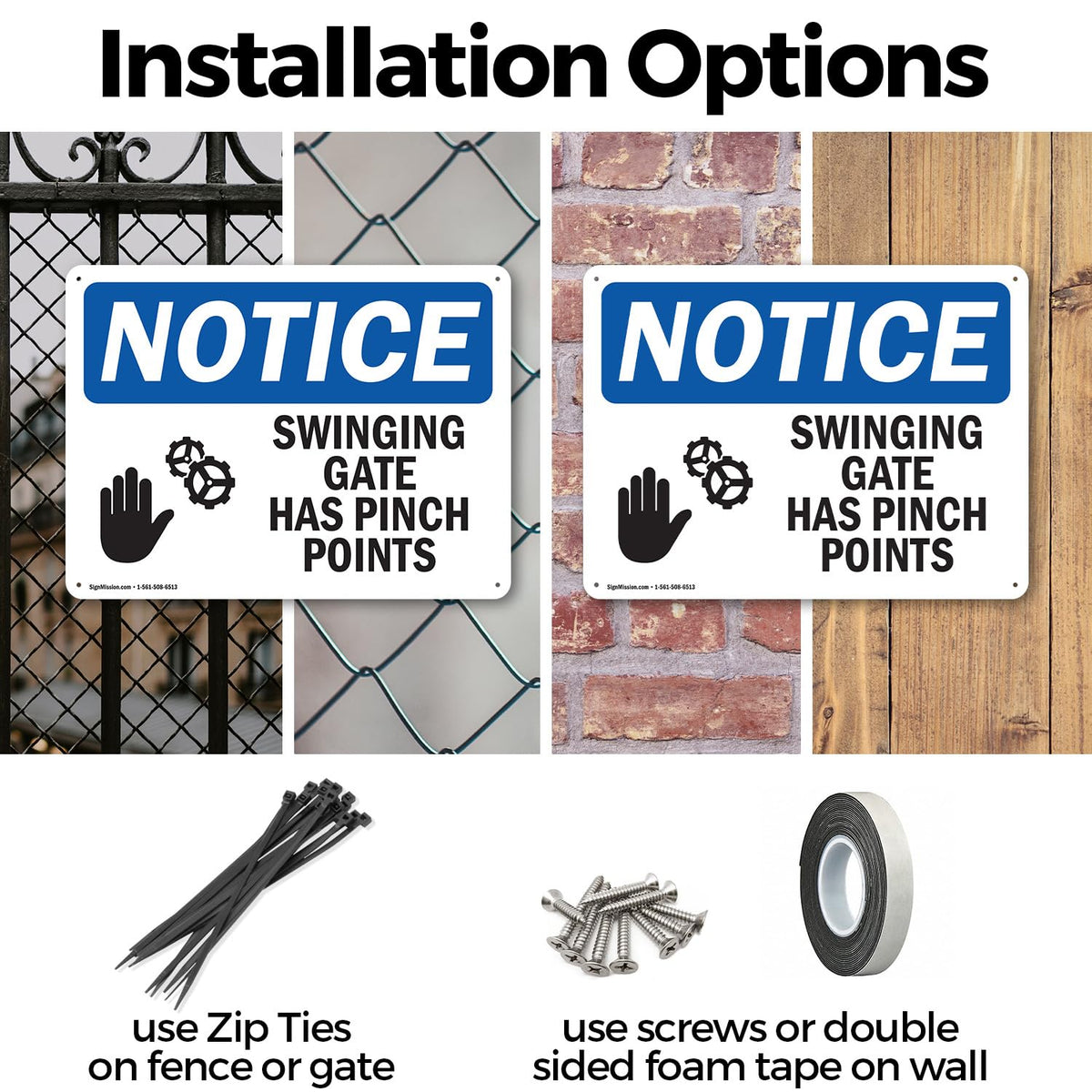 (2 Pack) Swinging Gate Has Pinch Points OSHA Notice Sign 10 Inch X 7 Inch Indoor/Outdoor Rust-Free Aluminum Metal Signs for Workplace, Workshop, and Construction Site, Made in the USA