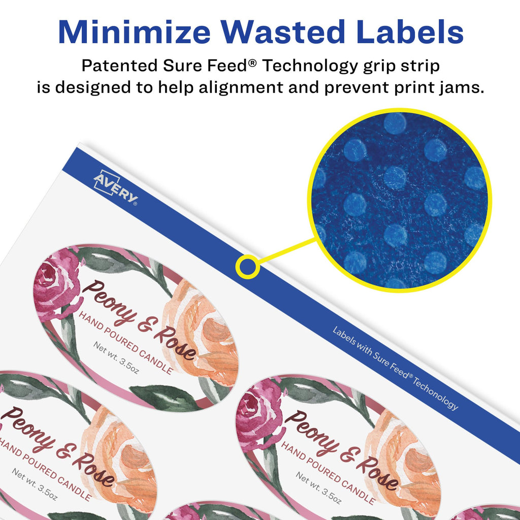 Avery® Matte White Removable Oval Labels, Sure Feed® Technology, Print-to-The-Edge, 2" x 3-1/3", 120 Removable Labels, Laser/Inkjet Printable 120 labels