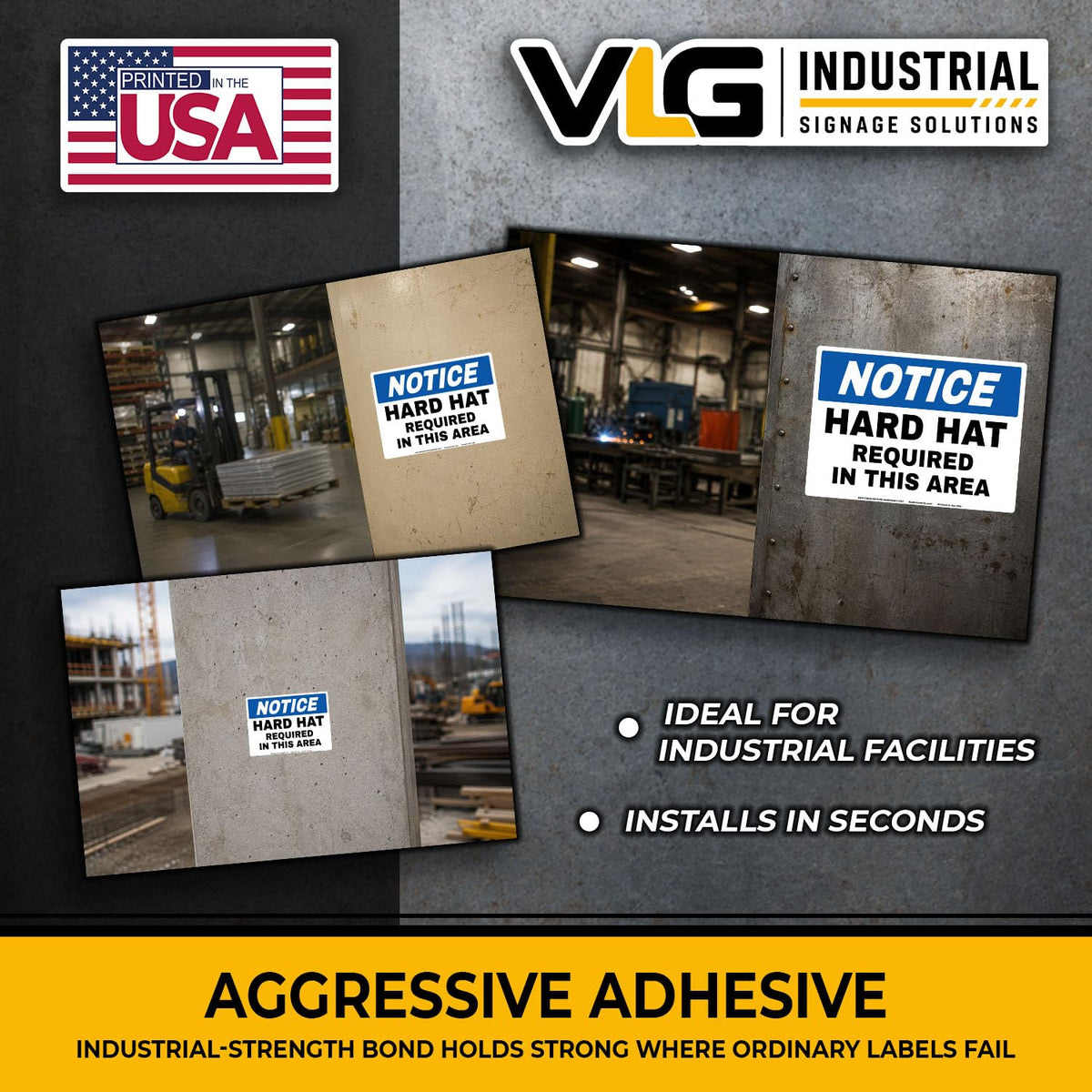 NOTICE Hard Hat Required in This Area Safety Labels, 5-Pack, 5" x 7" OSHA Style Industrial Safety Decals, Heavy Duty Waterproof Vinyl Stickers for Construction Sites, Manufacturing Facilities & Industrial Work Areas