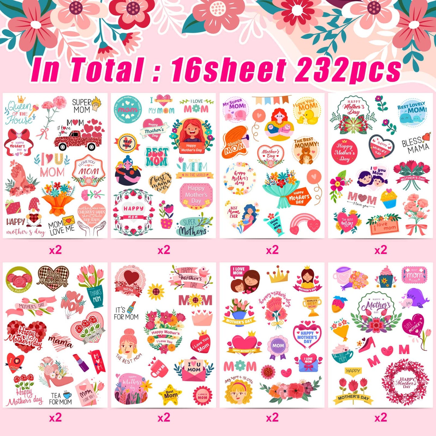 Happy Mothers Day Stickers, 16 Sheets Cute Mom Stickers for Mother's Day Gift Cards Labels Party Gift Decorations