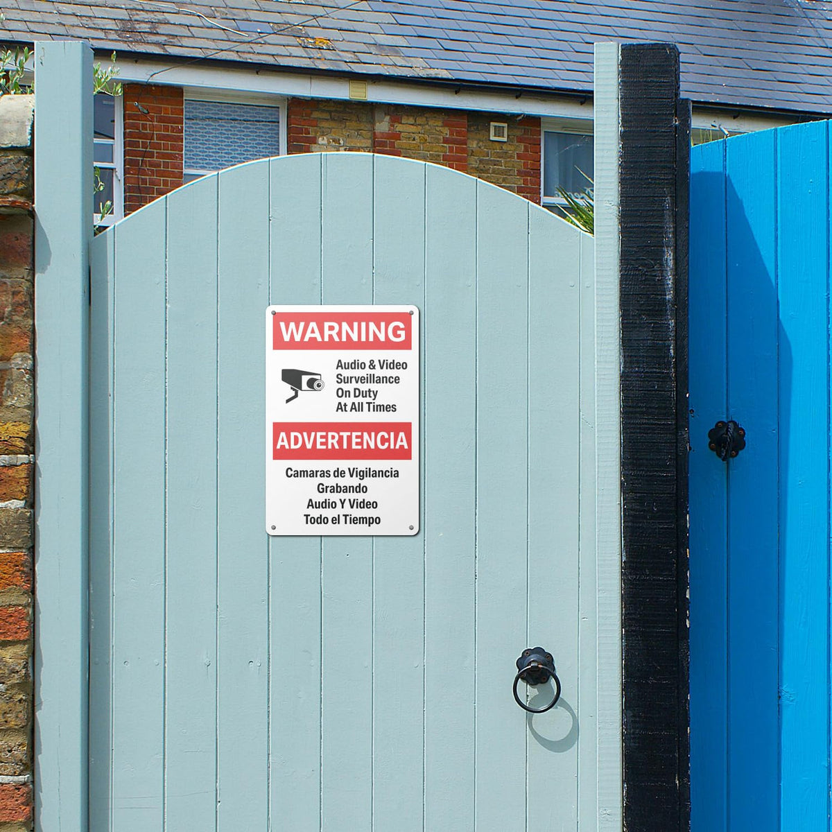 "Warning: Audio & Video Surveillance on Duty at All Times" Sign in English and Spanish for Private Properties - 8" x 12" Aluminum, 4 Pack Warning: Audio & Video Surveillance