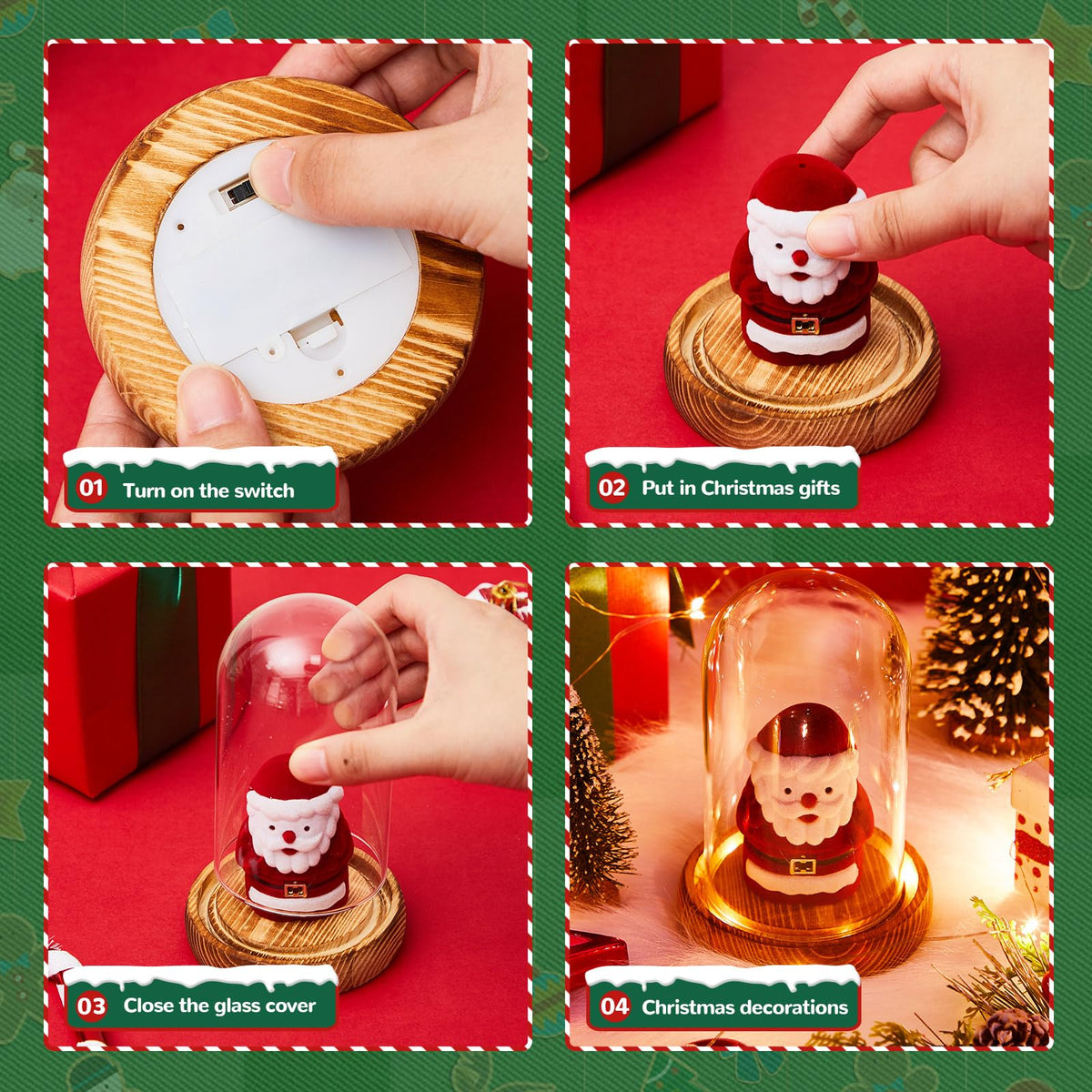 4 Pack 4.72'' x 2.76'' Christmas Glass Cloche Domes with Light Wood Base 4.72'' x 2.76''