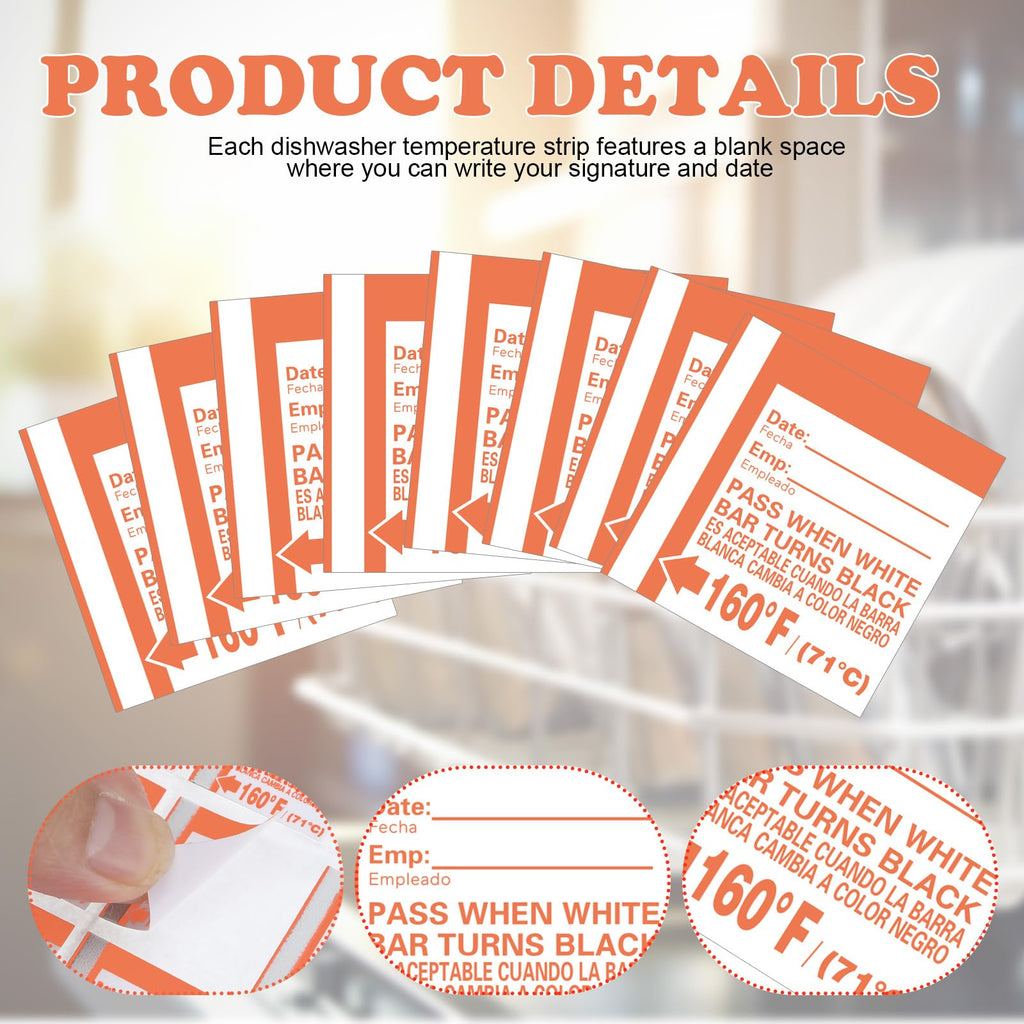 Relaxweex dishwasher temperature test strips in packaging, designed for testing heat levels up to 160°F in commercial and home dishwashers.