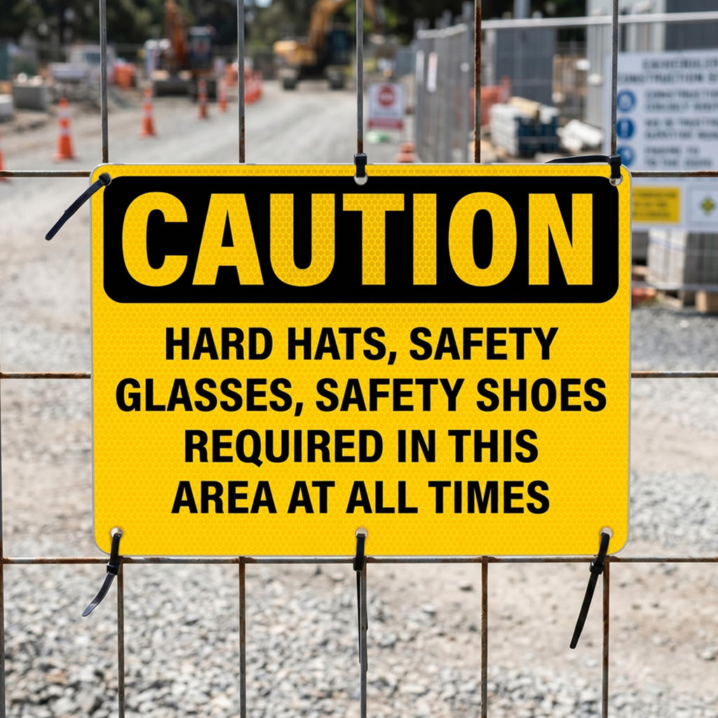 Hard Hats Safety Glasses Safety Shoes Required In This Area Sign Yellow, Black, PPE Safety 14 x 10 Inches