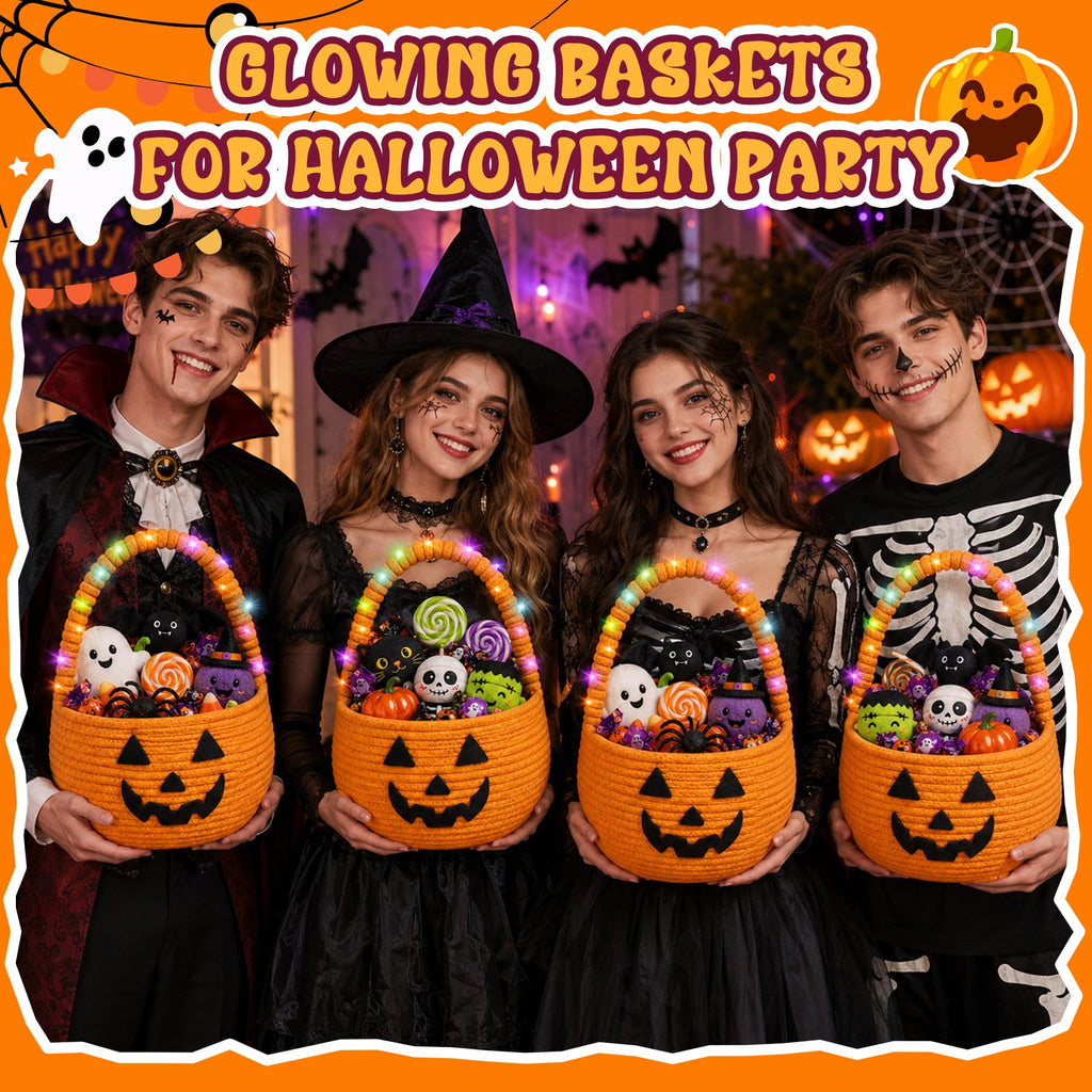 2Pcs Halloween Trick or Treat Basket with LED String Lights - Orange Orange+light