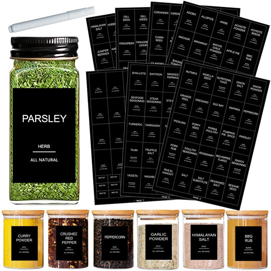 191 Spice Jar Labels Preprinted Minimalist Stickers - Matte Black Waterproof Label - Fit Round or Rectangle Spice Jars - Herb Seasoning Kitchen Pantry Labels 191 Spice Labels（no Jars）