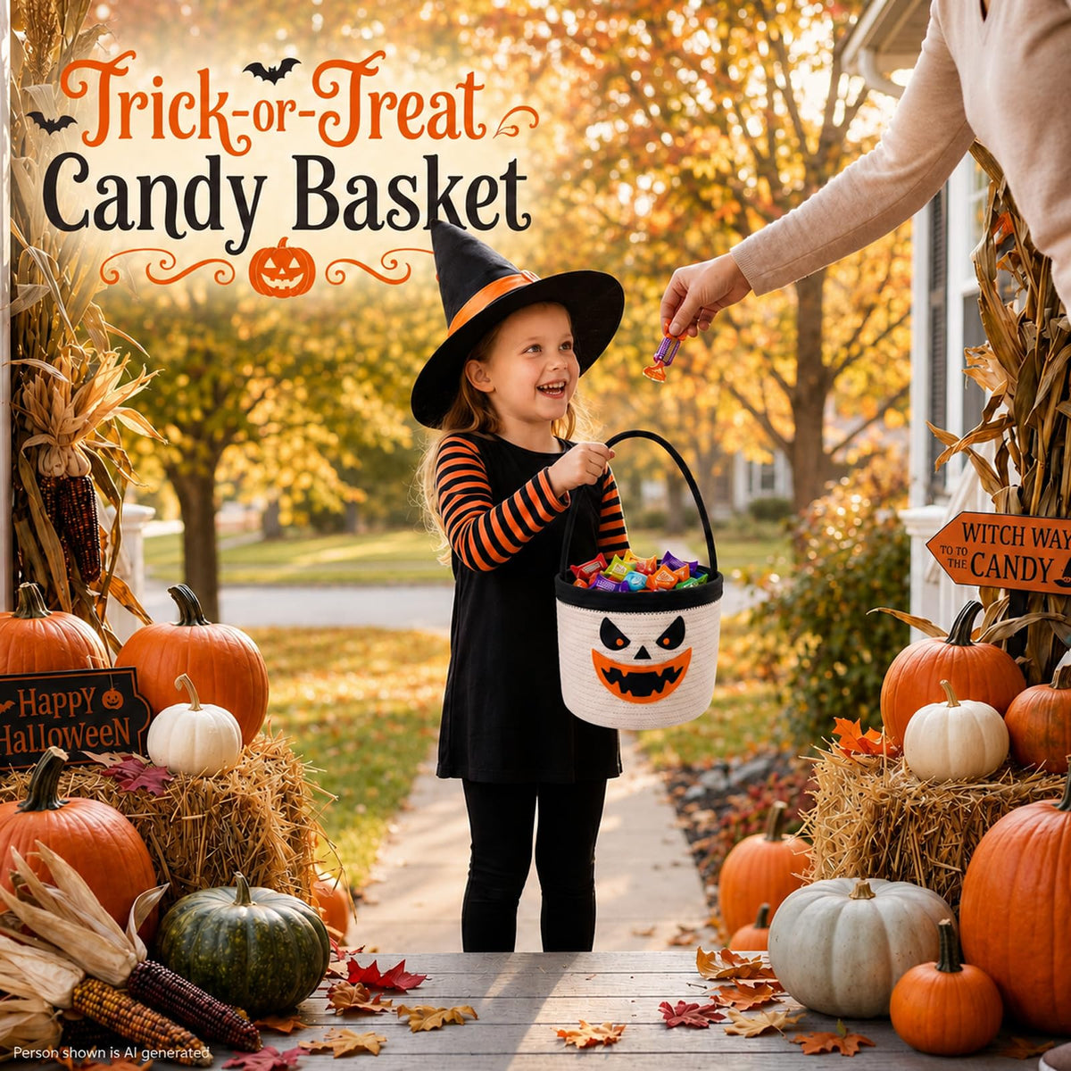 Halloween Trick or Treat Basket, White Ghost 9.4×7.5 in