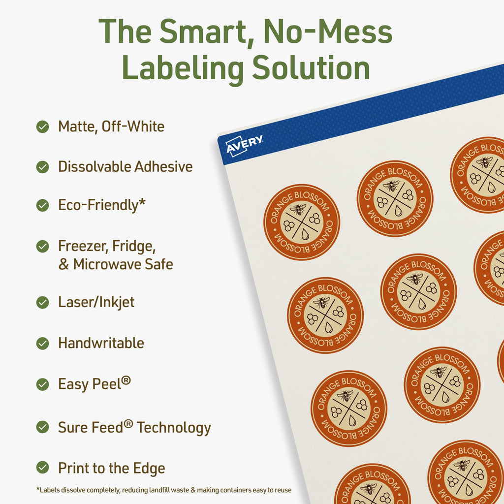 Avery Dissolvable Round Labels, Sure Feed Technology, 1.25" Diameter, Matte White, Print-to-The-Edge, Laser/Inkjet Printable, 300 Labels Total