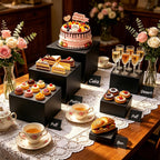 6PCS Buffet Risers,Food Display Stands with Mini Sign and Marker,for Buffet Table,Black Acrylic Cube Boxes Nesting Risers,Hollow Bottoms,for Cake Catering Dessert Party(8",7",6",5",4",3") Black with Sign