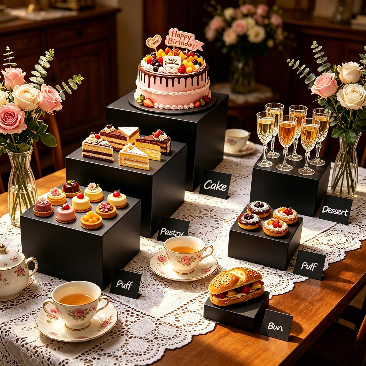 6PCS Buffet Risers,Food Display Stands with Mini Sign and Marker,for Buffet Table,Black Acrylic Cube Boxes Nesting Risers,Hollow Bottoms,for Cake Catering Dessert Party(8",7",6",5",4",3") Black with Sign