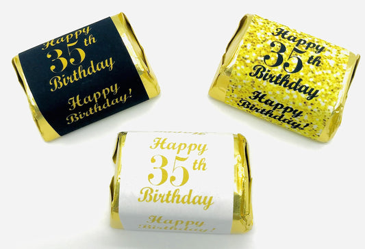 35th Birthday Nuggets Labels, Chocolate Candy Wrapper, (Set of 90) Candy Stickers; 3 Designs: 30 Gold, 30 Black, 30 White, Candy Not Included