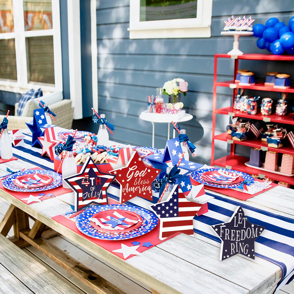 4th of July Decorations, 4 Pcs Wooden Star Signs Patriotic Wood Star Standing Blocks Red White and Blue Tiered Tray Decor for Home Office Independence Day 250th Anniversary Tabletop Decor