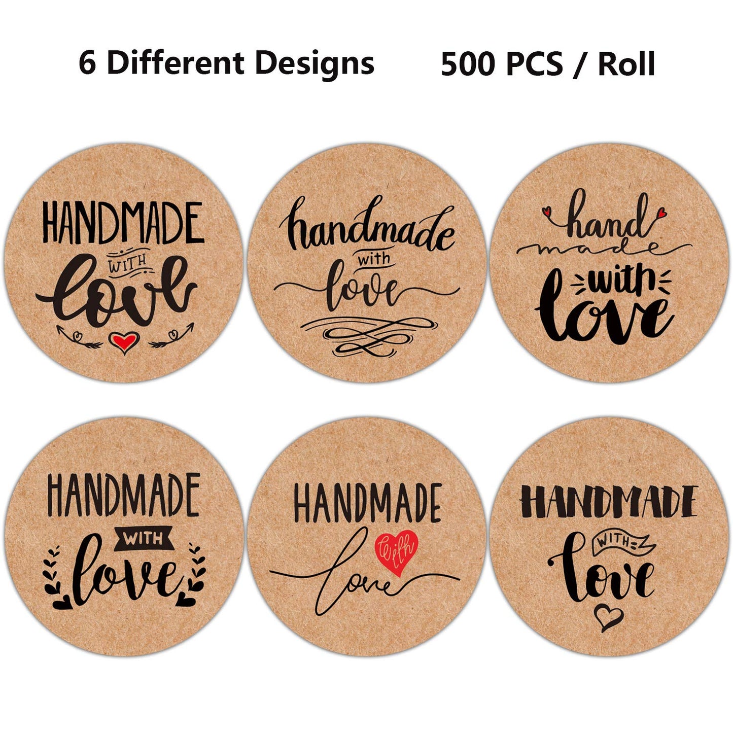 Handmade with Love Stickers, Handmade Packaging, Homemade with Love Stickers, Baked with Love Stickers, 6 Different Designs, 1.4 Inches, 500 Adhesive Labels Per Roll.