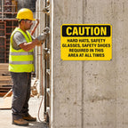 Hard Hats Safety Glasses Safety Shoes Required In This Area Sign Yellow, Black, PPE Safety 14 x 10 Inches