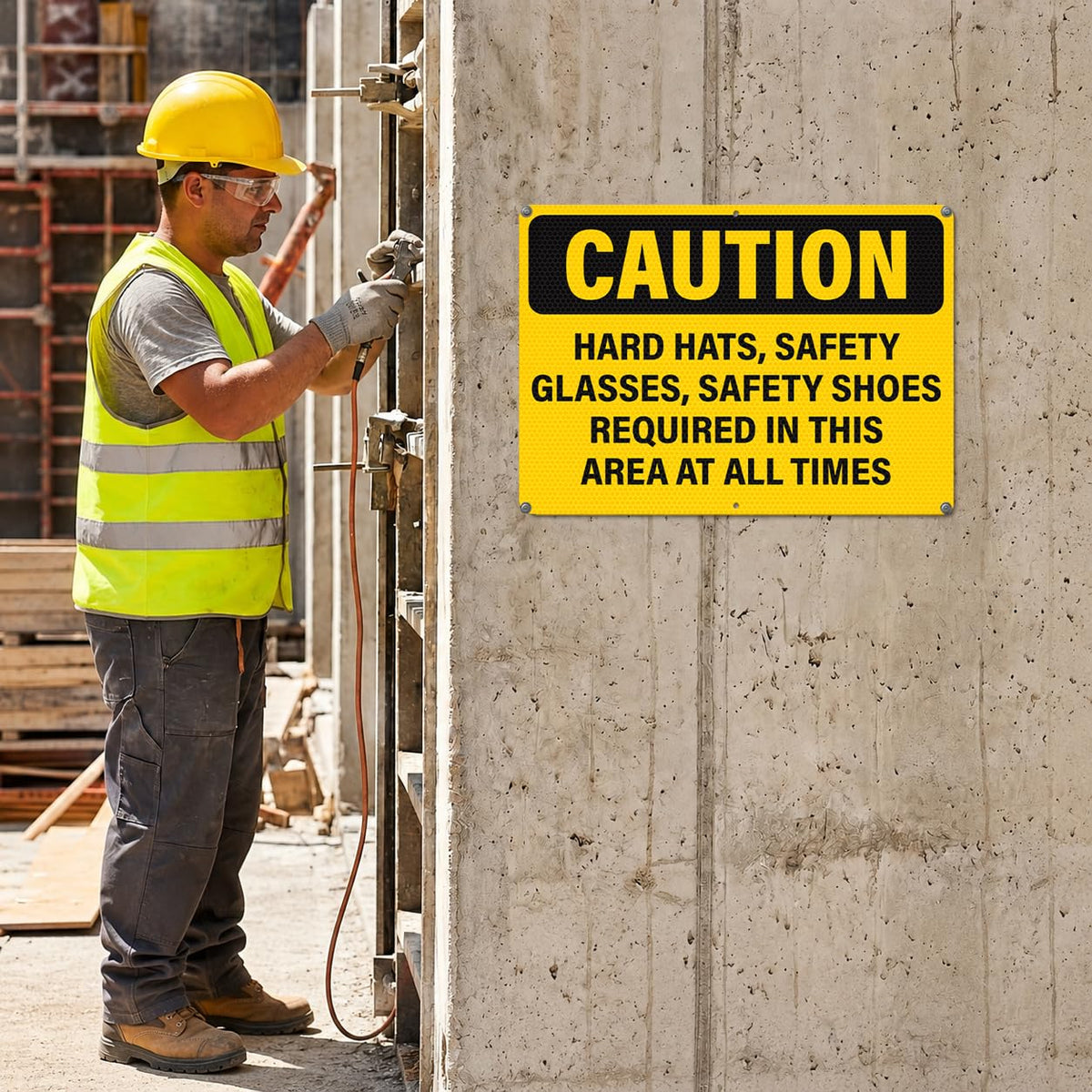 Hard Hats Safety Glasses Safety Shoes Required In This Area Sign Yellow, Black, PPE Safety 14 x 10 Inches
