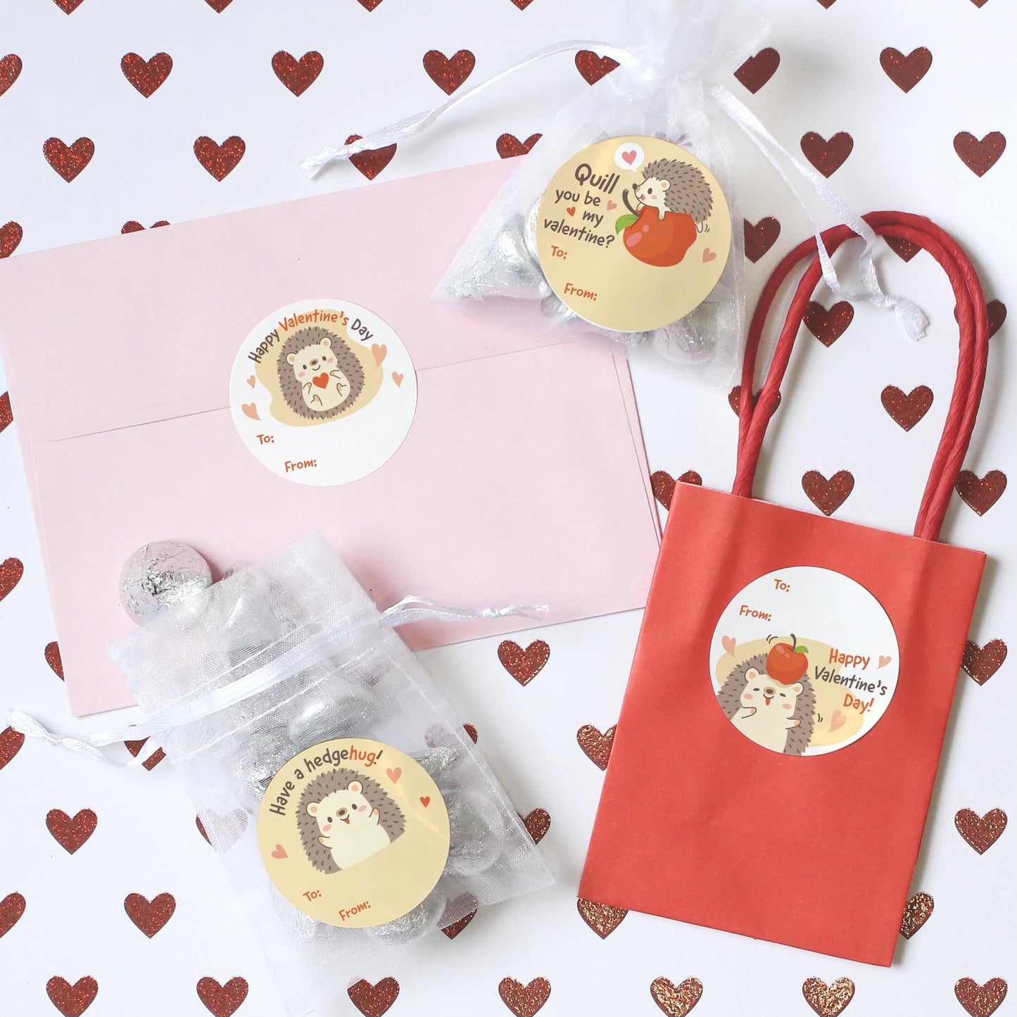 DISTINCTIVS Hedgehog Valentine's Day Stickers, 40 Count, Round Labels, To/From Format, Made in USA