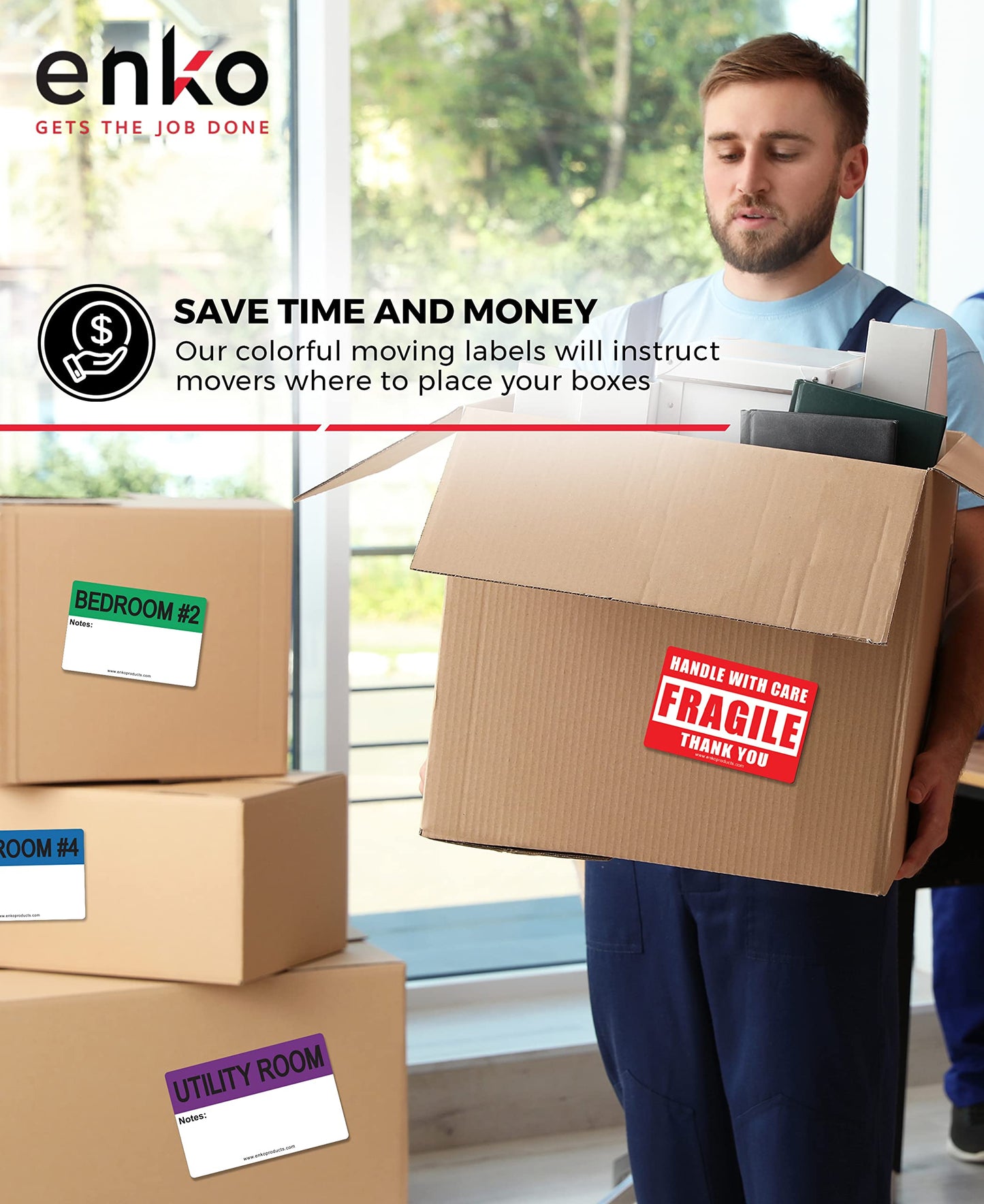 enKo - 2 x 3 Inch Extra Large Home Moving Packing Labels Stickers for Box - Color Coded for Boxes, Packing Box Fragile Stickers (800 Labels, 4 Bedroom House) 2" X 3" 80 Sheets, 800 Labels