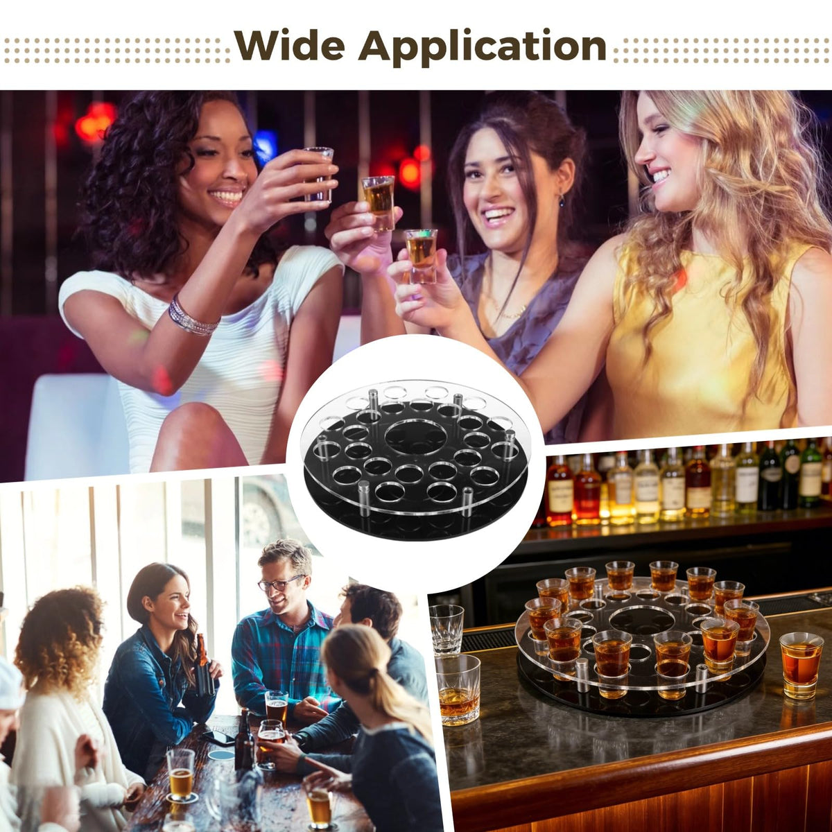 25 Holes Shot Glass Holder Tray, Acrylic Bar Circular Cup Server, Black Heavy Base Drink Display Organizer for Parties and Clubs, Center Slot for Slim Wine Bottle, Professional Home Bar Accessory