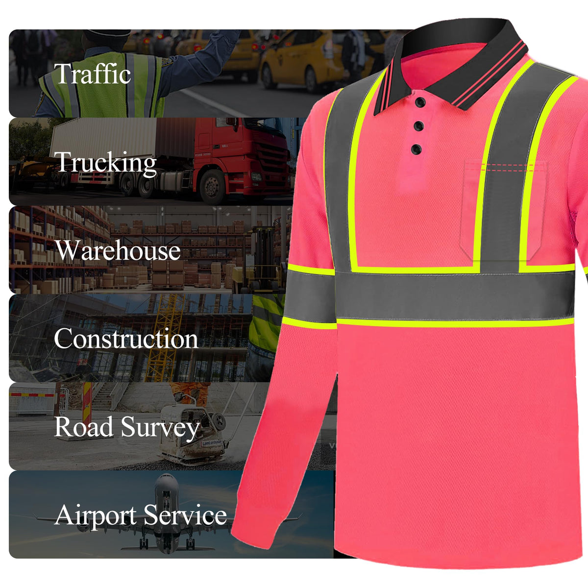3 Pack Long Sleeve Safety Polo Shirt Reflective High Visibility Construction Work Shirts ANSI Class 3 for Men Pink X-Large