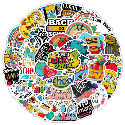 Back to School Gift Sticker Schoolbag Label Stickers Cute Stationery Reward Sticker Bus Book Apple Decals First Day of School Art Sticker Arm Body Accessories for Students 50 Pcs