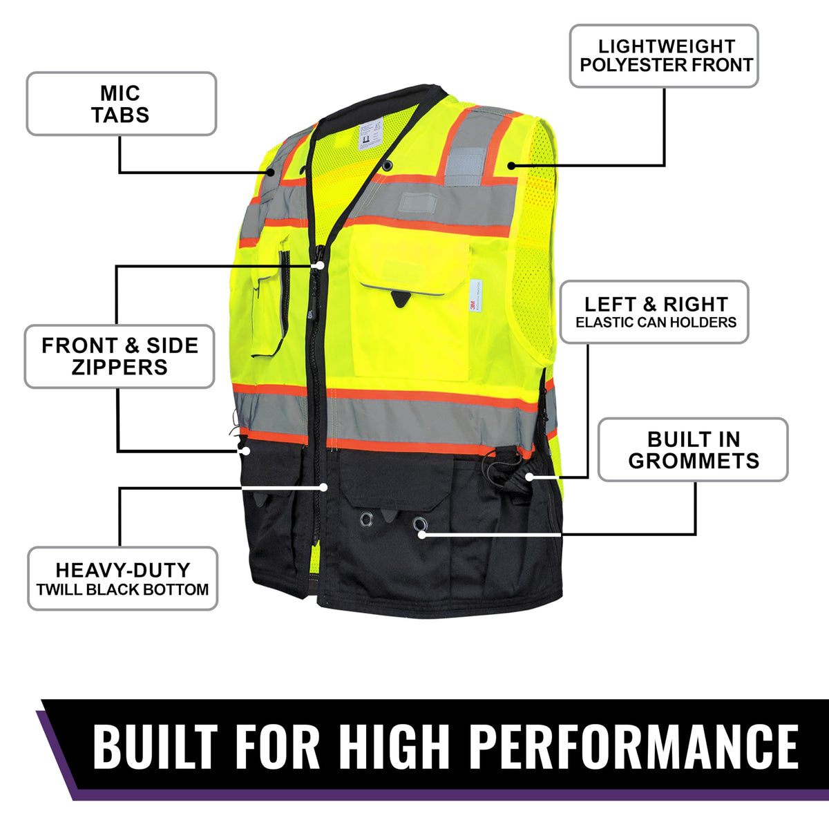 GGS High Visibility Safety Vest - Lightweight Yet Durable, Reflective Tape, 9 Pockets - Construction, Transportation, Running/Biking, Hunting, Yellow/Green & Black, XL X-Large