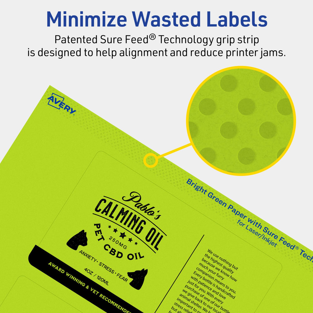Avery Printable Rectangle Labels, Sure Feed Technology, 3" x 5", Bright Green Labels, Print-to-The-Edge, Laser/Inkjet Printable, 120 Total, Great for Shipping and Packaging 120 labels