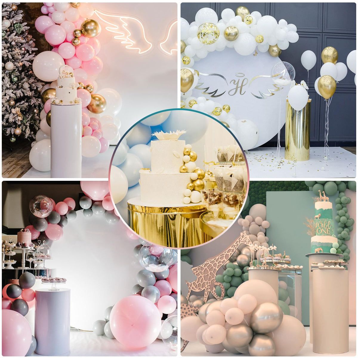 Set of 3 White Cylinder Spandex Stand Covers, Plinth Stand Glitters Cover for Party Wedding Birthday Decor - Only Contains Cylinder Covers (Laser Reflective Fabric - Small)