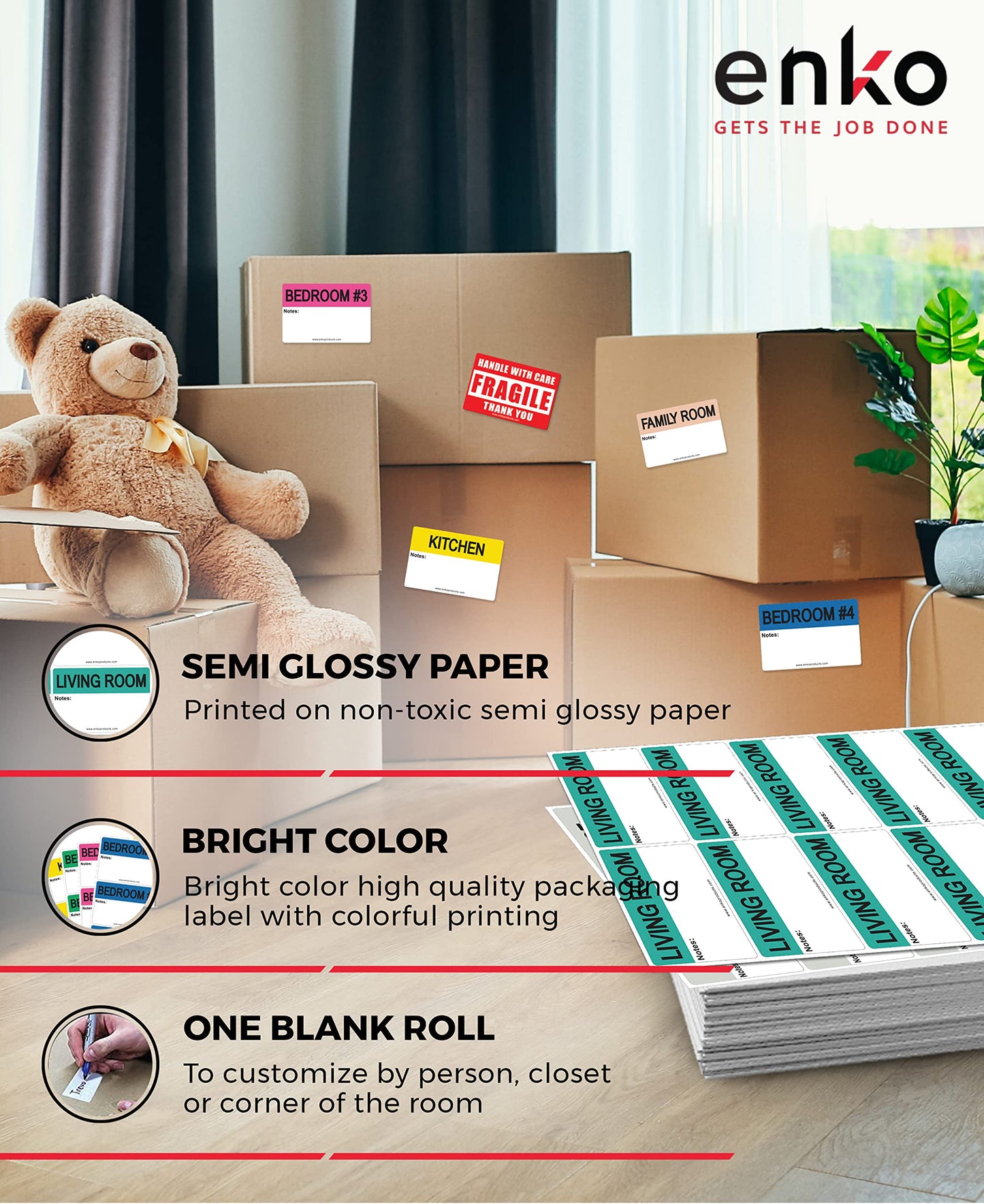 enKo - 2 x 3 Inch Extra Large Home Moving Packing Labels Stickers for Box - Color Coded for Boxes, Packing Box Fragile Stickers (800 Labels, 4 Bedroom House) 2" X 3" 80 Sheets, 800 Labels