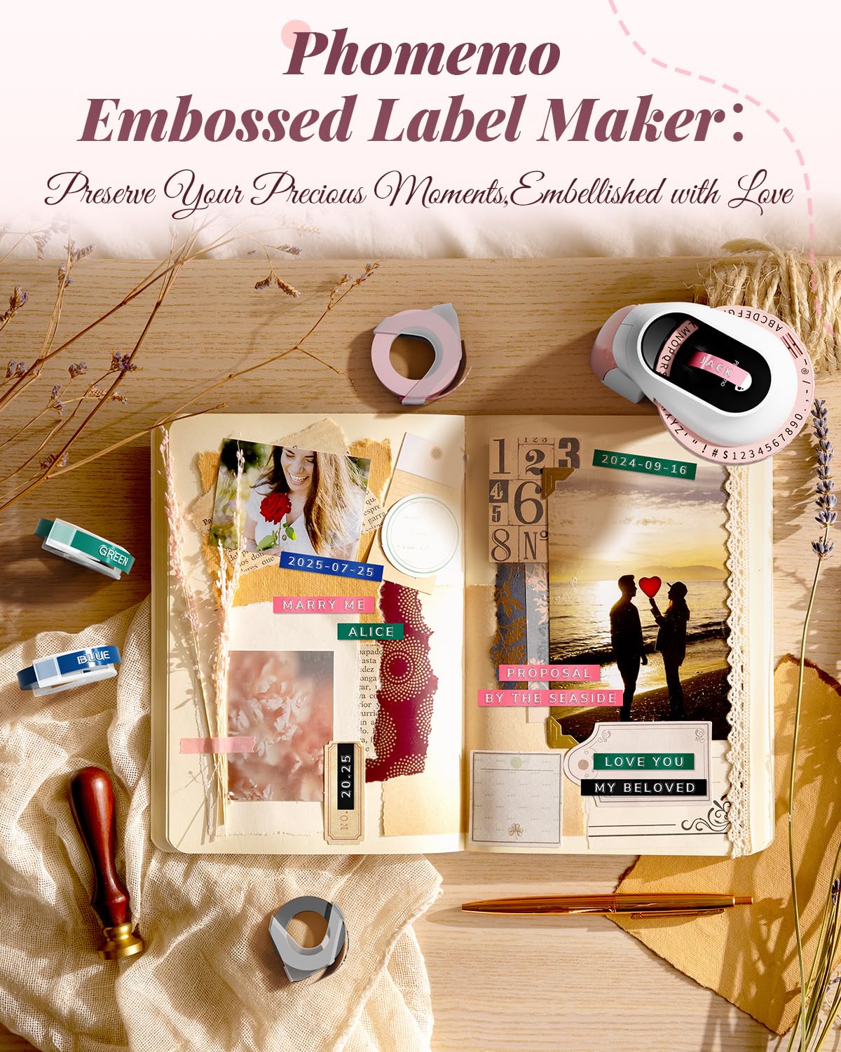 Phomemo Embossing Label Maker with 6 Tapes, Vintage Embossed Label Maker Pink