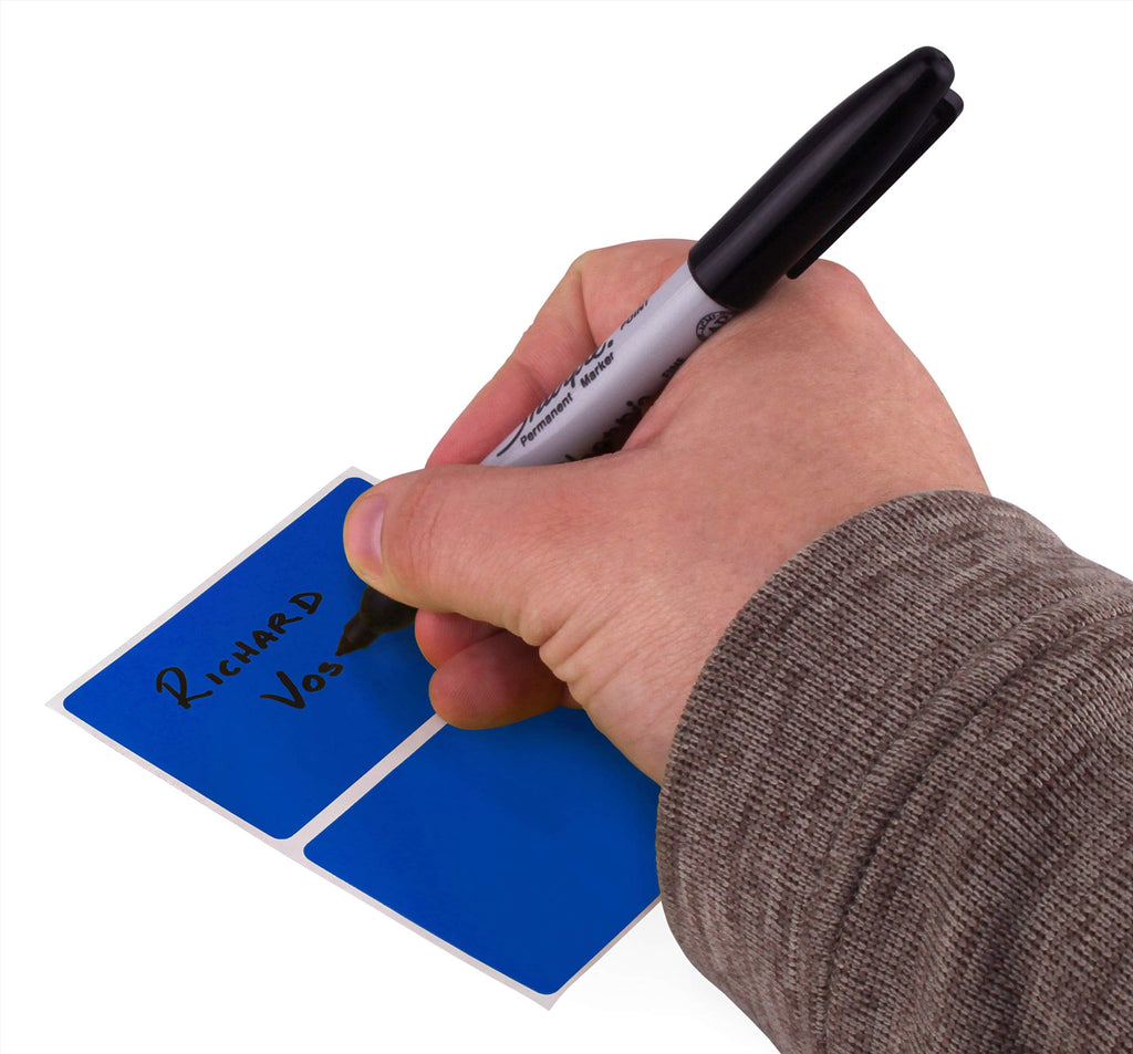 Dark blue ChromaLabel 2x3 inch name tag stickers, color-coding labels, pack of 150 arranged in a grid pattern.
