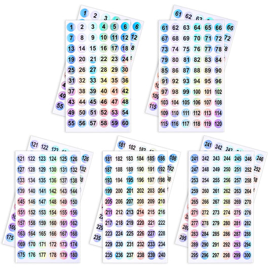 Molain 1-300 Number Stickers, 10 Sheets Self Adhesive Label Stickers Waterproof Round Stickers Reflective Laser Number Stickers Consecutively Numbered Labels for Storage/Organizing