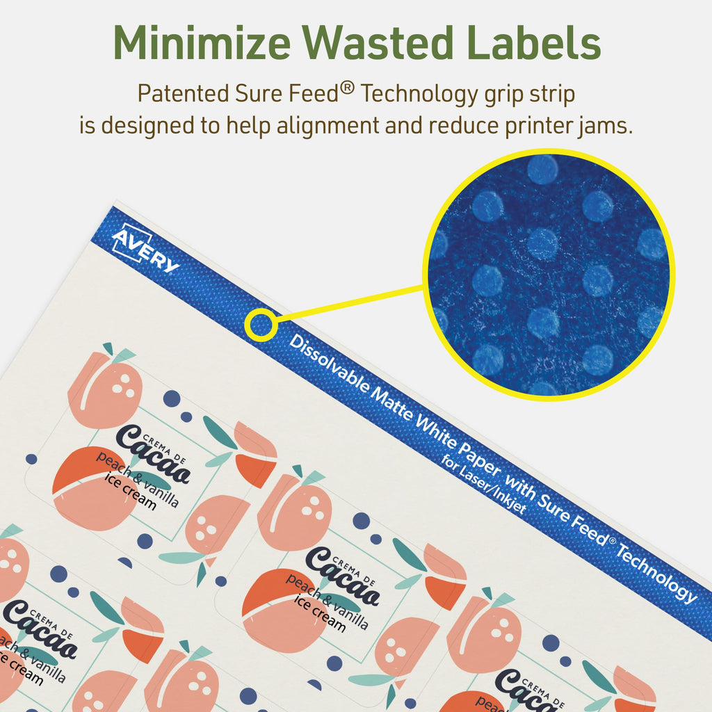 Avery Dissolvable Rectangle Labels, Sure Feed Technology, 1-13/16" x 2-3/16", Matte White, Print-to-The-Edge, Laser/Inkjet Printable, 120 Labels Total