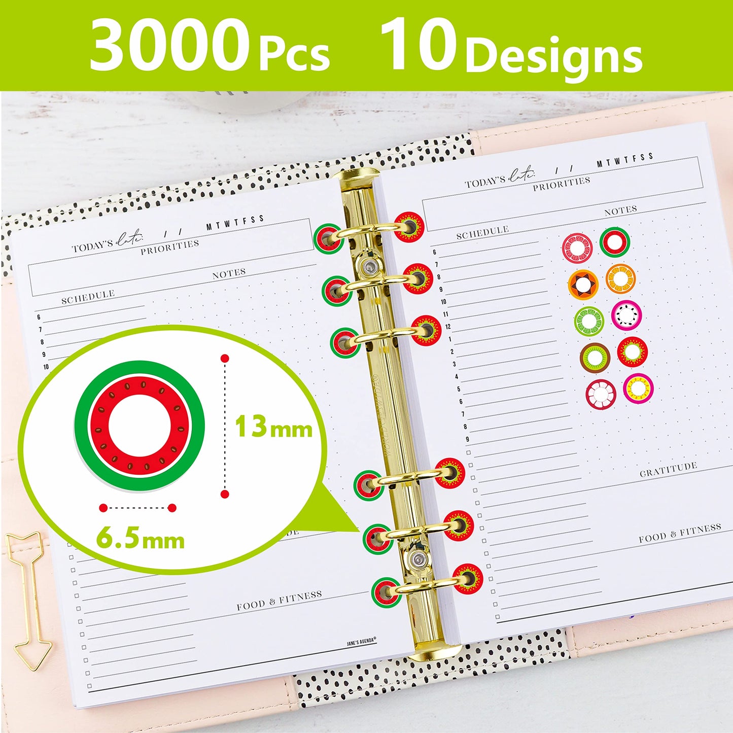 3000 Pack Fruit Design Hole Punch Reinforcement Sticker Labels, Tear Resistant Plastic Circles Hole Protectors for Loose-Leaf Paper Sheets, 10 Donut Designs(Outer 0.5”, Inner 0.25”) Colorful Fruit