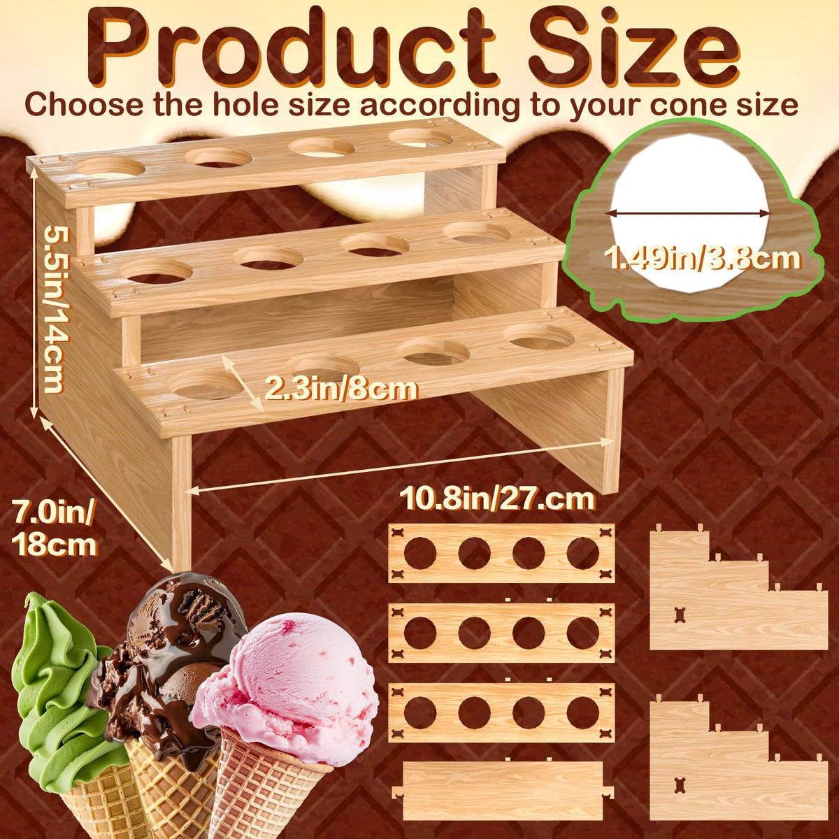 2 Pack Wooden Waffle Ice Cream Cone Holder Stand (1.5" HoleDia) 1.5"HoleDia