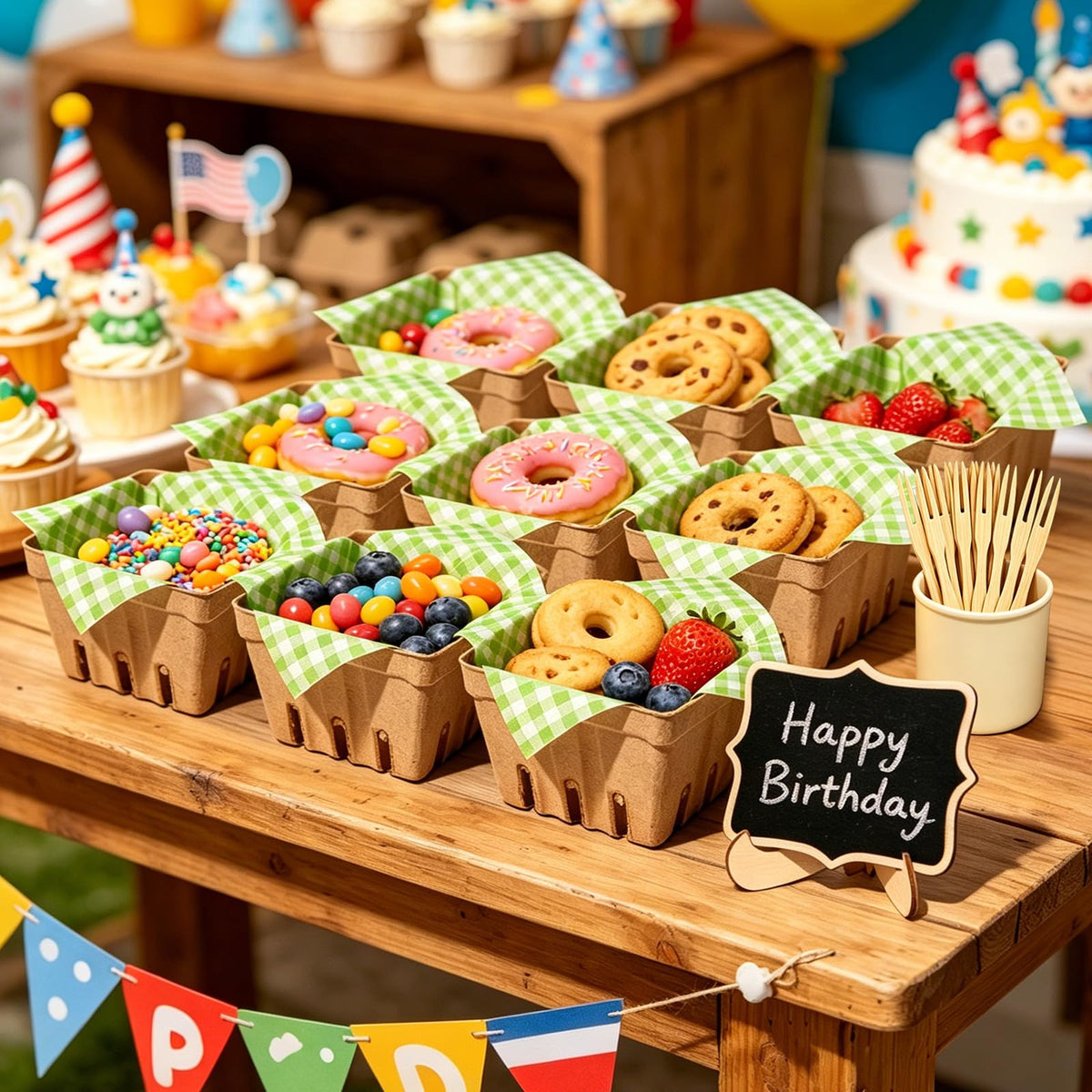 16 Set Farmers Market Decorations Natural Pulp Fiber Berry Baskets Kit with Deli Paper Sheets Bamboo Forks Mini Chalkboard Signs for Farm Stand Strawberry Blueberry Fruit Vegetable Grocery & Party Natural Green 16